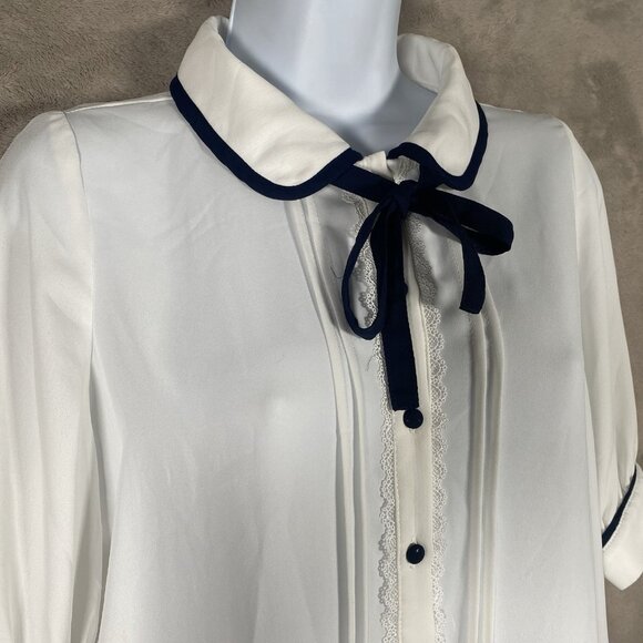 Vintage Style Blouse M Tie Neck Peter Pan Collar Preppy French Girl Coquette - Picture 3 of 13